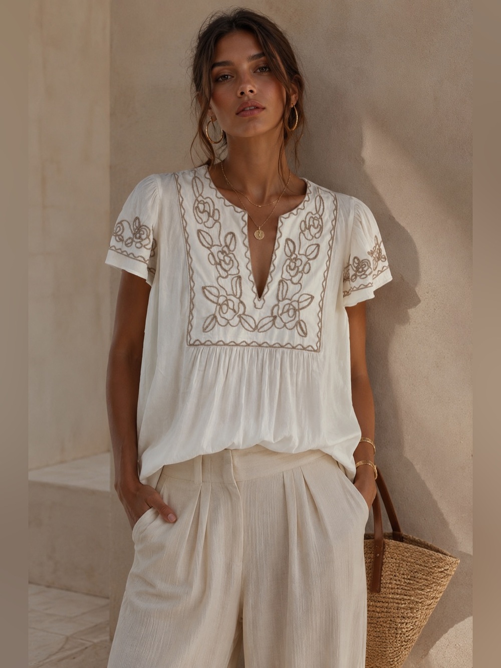 NWT Rachel Zoe Ivory Embroidered Boho Flutter Sleeve Split Neck Blouse Size M